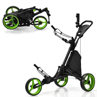 3-Wheel Golf Push Cart, Quick Folding Golf Walking Push Cart, Golf Bag Holder With Tin Foil Coated Storage Bag, Elastic Strap, Adjustable Umbrella & Cup Holder, Scoreboard Storage & Foot Brake, Golf Cart For Golf Clubs, Green