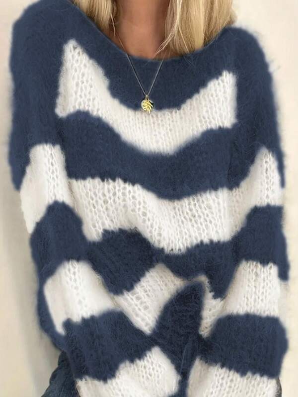 New Women's Casual Fashion Contrast Stripe Round Neck Knitted Pullover Sweater