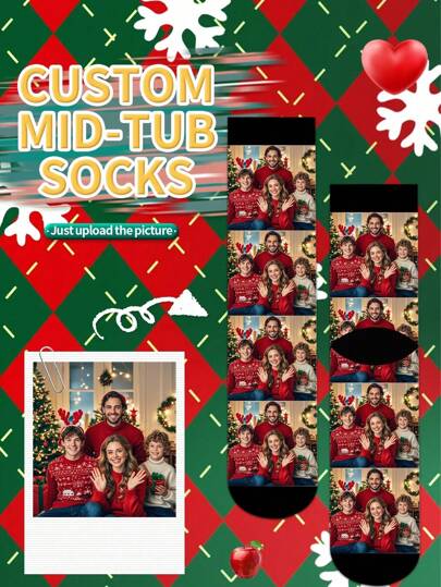 Christmas 1 Pair Of Customized Face Men's Mid Tube Socks, Put Any Face On Socks, Personalized Socks For Cats And Pets With Photos, Interesting Customized Picture Pairs With Medium To Long Socks, Suitable For Valentine's Day, Birthdays, Gift Giving, And Other Occasions,Personalized, Fun, Rich And Colorful, Creative Anime Cartoon Design, Holiday Gifts, Comfortable And Breathable, Improving The Family Day Atmosphere, Fashionable