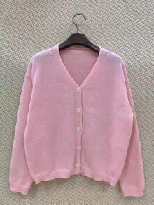 Women's Simple Solid Color Round Neck Long Sleeve Knitted Cardigan - Pink - View 2