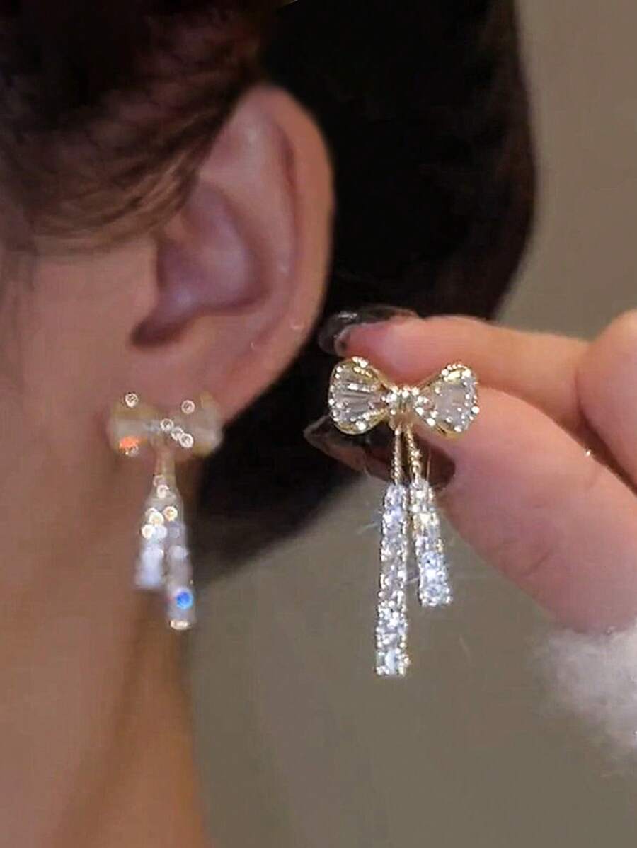 1 đôi Bông tai trang trí nơ & đá trang trí màu bạc Thiết kế độc đáo - Nhiều màu - Xem 1