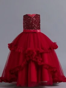 Tween Girl Sequin Multi-Layer Tulle Dress, Party & Wedding Pageant Princess Gown, All Season - Burgundy - View 4