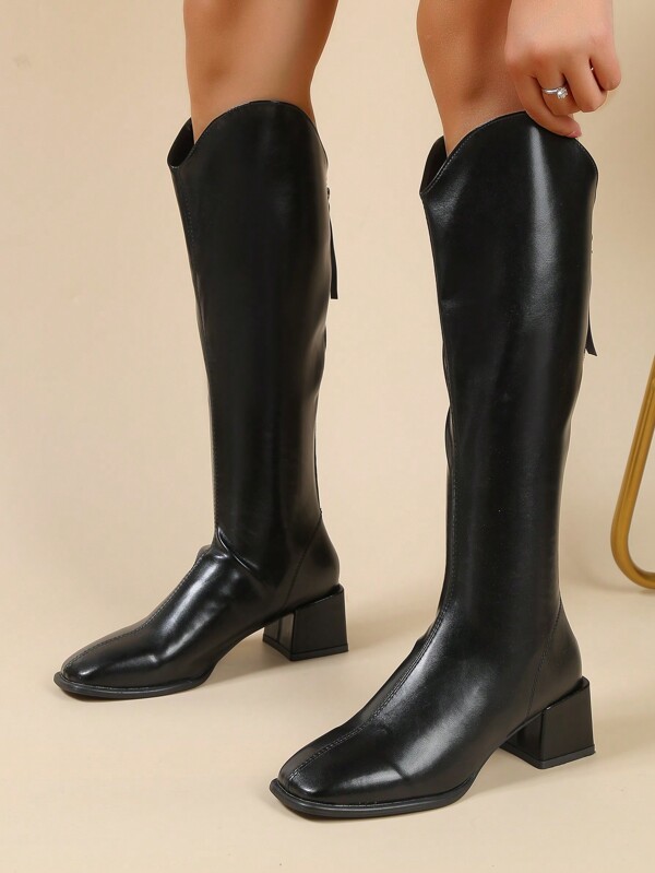 Damskie kwadratowe noski, patchworkowe buty do kolan, gruby obcas z zamkiem błyskawicznym, skórzane modne buty motocyklowe