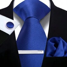 Set de corbata, pañuelo de bolsillo, gemelos y corbatín para hombre, corbatas de poliéster de rayas sólidas para todas las estaciones, fiestas y celebraciones, casual