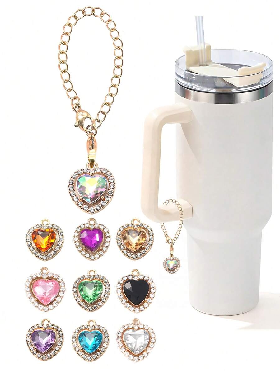 1pc Fashion Rhinestone Heart Shaped Glass Cup Chain Pendant Decor, Personalized Alloy Rhinestone Heart Charm For Modern Minimalist Glass Cup - Multicolor - View 1
