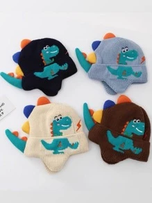 1pc Thick Double Layer Soft & Absorbent Knit Dinosaur Earflap Hat, Suitable For Children Outdoor, Walking, Playing, Skiing And Skating
