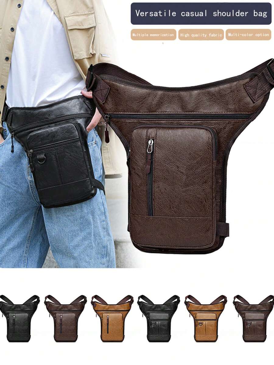 新款多功能男士 PU 腿包户外男士腿包多功能运动包便携腰包斜挎包万圣节圣诞礼物冬季圣诞包男士腰包 - 棕色 - 查看 1