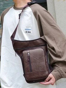 新款多功能男士 PU 腿包户外男士腿包多功能运动包便携腰包斜挎包万圣节圣诞礼物冬季圣诞包男士腰包 - 棕色 - 查看 4