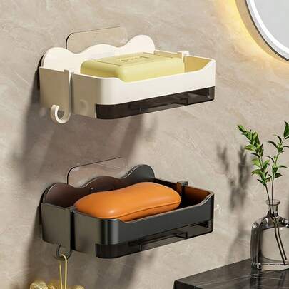 1 件装肥皂盒壁挂式浴室免打孔双层肥皂沥水盒家用浴室墙壁肥皂收纳架，壁挂式淋浴肥皂盒，免打孔肥皂盒带沥水盘和 2 个挂钩 灰色