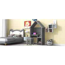 Study Desk And Chair Set, Kids Desk And Chair Set, Wooden Kids Computer Desk With Detachable Cushion Stooll, House-Shaped Desk With Storage Shelf For Bedroom Christmas Gift - 灰色+松木+美式設計 - 查看 6