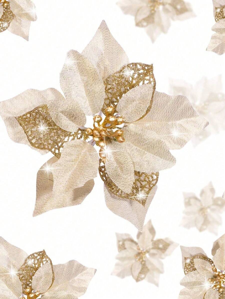 12 件 - 人造花圣诞树装饰金色人造花装饰圣诞金色闪光花带夹子加茎（金色），圣诞节 - 金色 - 查看 1