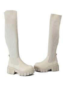 RevReaL Black Ribbed Over-The-Knee Platform Boots - Beige - View 3
