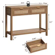 SICOTAS Rattan Console Table With Drawers, Wood Narrow Sofa Table Entryway Table For Hallway, Living Room - Oak - View 10