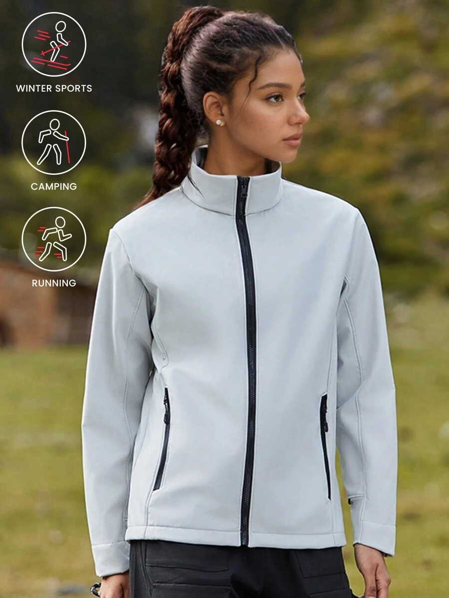 1pc Women Outdoor Hiking Camping Skiing Windproof Waterproof Oily Resistant Weatherproof Warm Thermal Lined Softshell Jacket