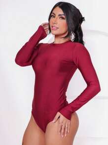 WOMEN'S BODYSUIT WITH CREW NECK AND LONG SLEEVES - Burgundy - View 4