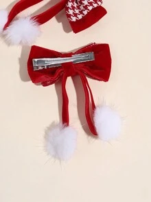 2 件装红色格子蝴蝶结女士红色天鹅绒蝴蝶结发夹带绒球优雅鳄鱼夹适合秋冬女孩辫子蝴蝶结女士发饰圣诞节 - 彩色 - 查看 5