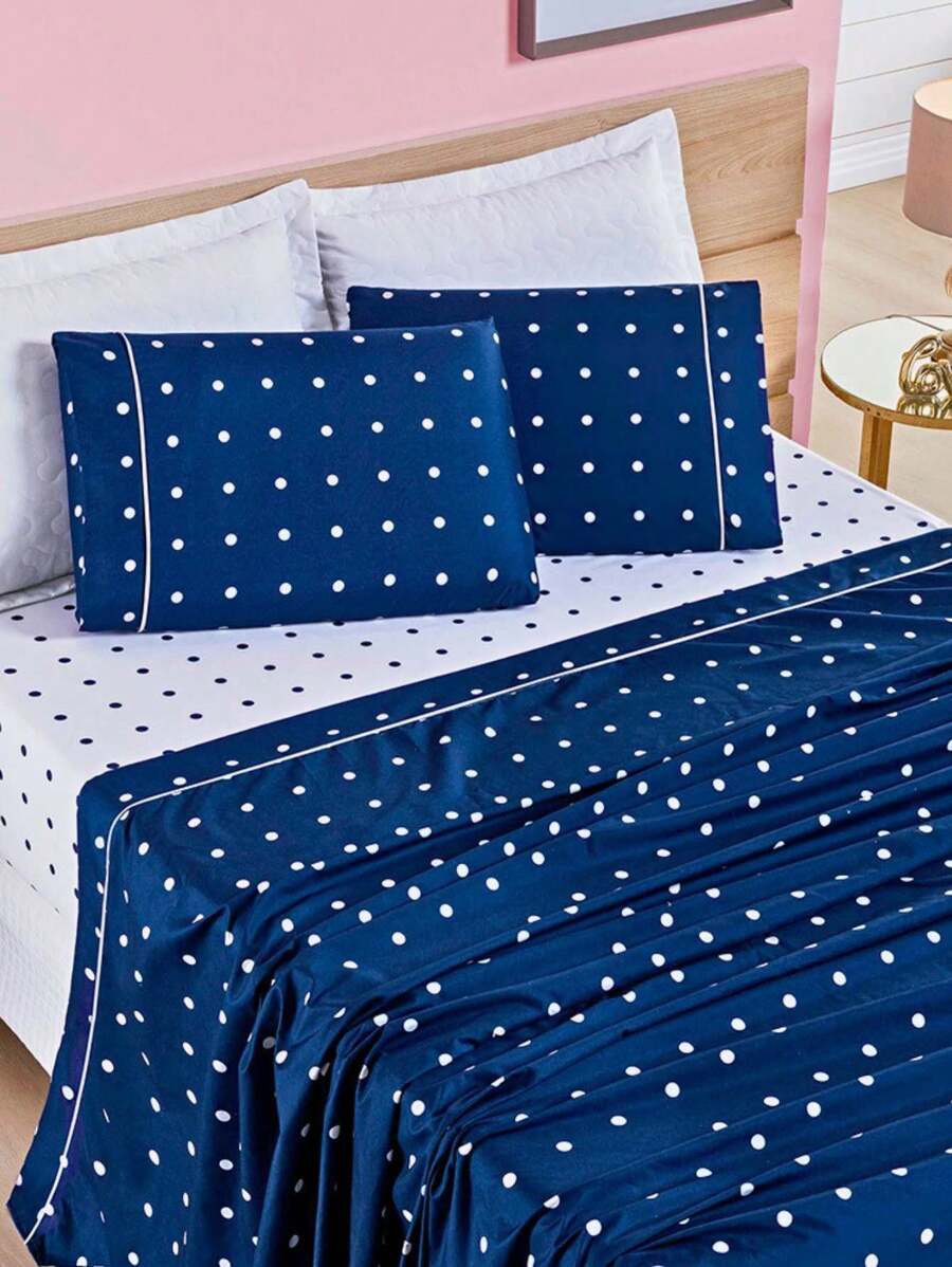 King/Queen/Double/Single 4-Piece Sheet Set Petit Polka Dot Percale 200 Thread Count Pillowcase With Drawstring Detail - Màu xanh hải quân - Xem 1