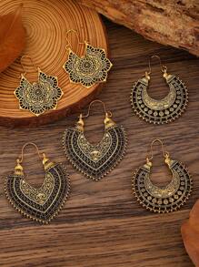 3 pares de aretes vintage tipo bohemio con diseños florales y líneas geométricas huecas, aptos para mujeres