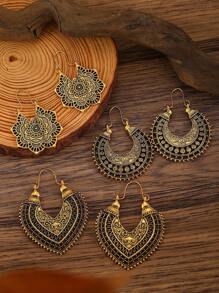 3 pares de aretes vintage tipo bohemio con diseños florales y líneas geométricas huecas, aptos para mujeres