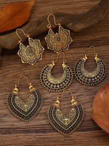 3 pares de aretes vintage tipo bohemio con diseños florales y líneas geométricas huecas, aptos para mujeres