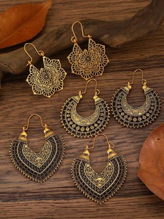 3 pares de aretes vintage tipo bohemio con diseños florales y líneas geométricas huecas, aptos para mujeres