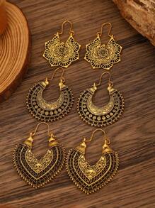 3 pares de aretes vintage tipo bohemio con diseños florales y líneas geométricas huecas, aptos para mujeres