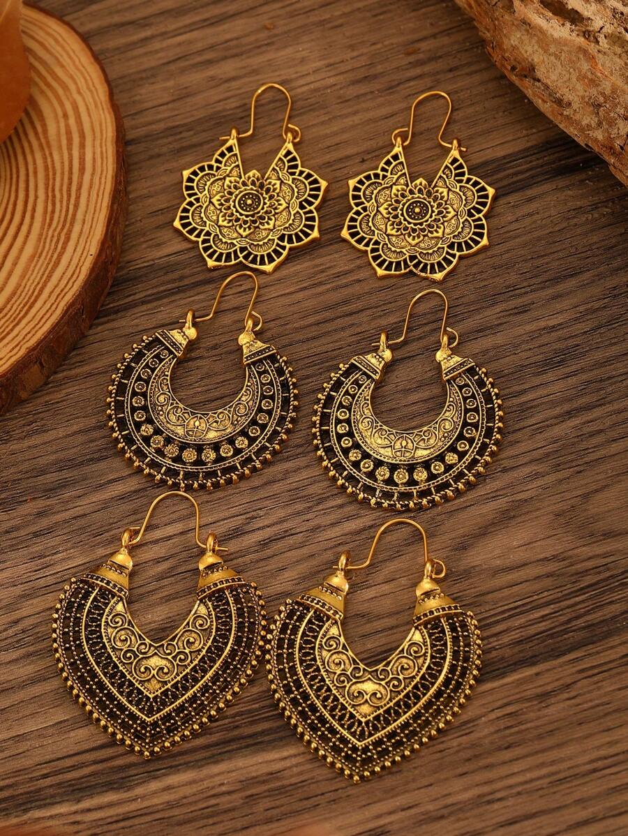3 pares de aretes vintage tipo bohemio con diseños florales y líneas geométricas huecas, aptos para mujeres
