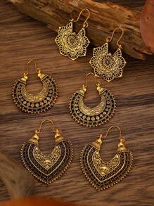 3 pares de aretes vintage tipo bohemio con diseños florales y líneas geométricas huecas, aptos para mujeres