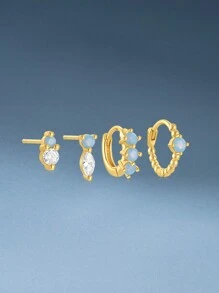 5 件/4 件绿松石 S925 纯银耳钉 女士时尚首饰套装 - 金色 - 查看 5