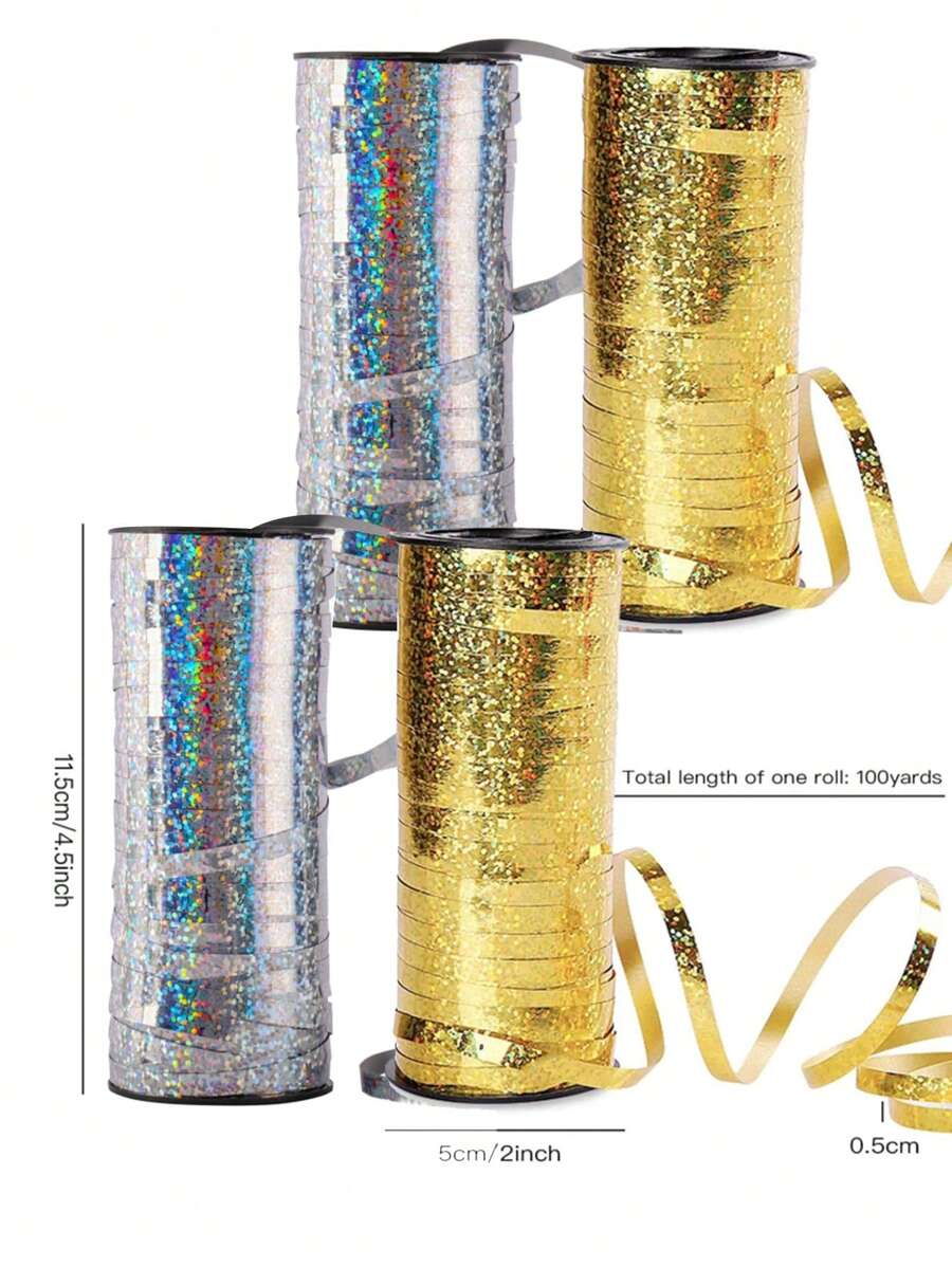 1/2/4 piezas Cinta metálica láser de 100 pies, Cuerda para globos - Dorado - Ver 1