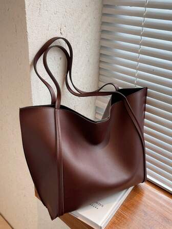 2pcs/Set Solid Color Large Capacity Shoulder Tote Bag And Clutch Wallet, Made Of Pu Leather Material, Suitable For Girls, Women Daily Use, Work And Shopping