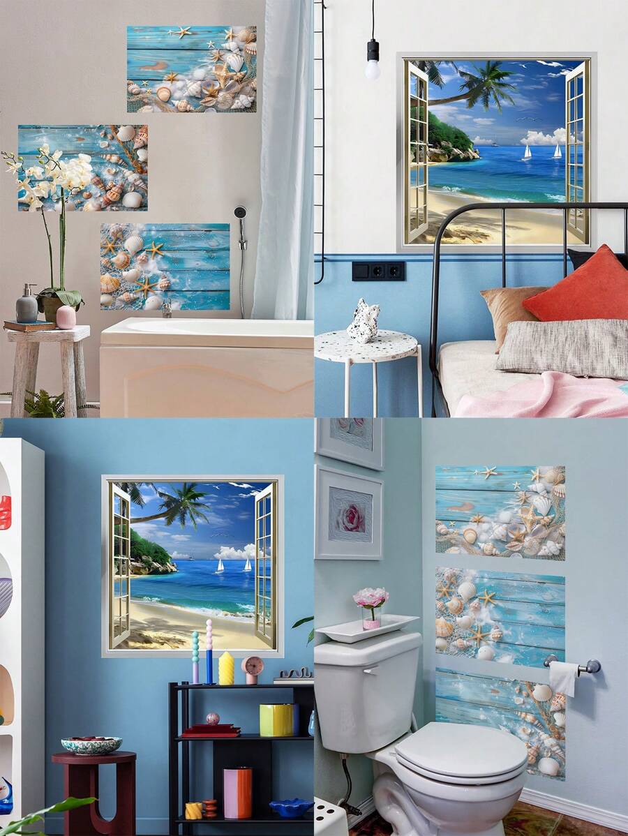 1 套海滩海岸贝壳椰子树浴室贴花墙贴，客厅卧室家居装饰，贴纸，墙贴，乙烯基贴花用于家居装饰，春季装饰品让您的家焕然一新，节日装饰贴纸礼物生日毕业