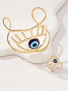 1 Set (1pc Geometric Hollow Devil's Eye Bracelet & 1pc Geometric Hollow Devil's Eye Ring) European & American Vintage Fashionable Gold-Tone Geometric Hollow Devil's Eye Bracelet And Geometric Hollow Devil's Eye Ring Jewelry Set, Suitable For Women's Daily Wear, Holidays, Social Events, Gifts For Couples, Halloween