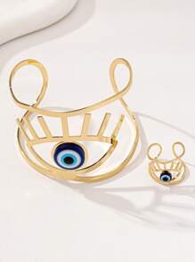 1 Set (1pc Geometric Hollow Devil's Eye Bracelet & 1pc Geometric Hollow Devil's Eye Ring) European & American Vintage Fashionable Gold-Tone Geometric Hollow Devil's Eye Bracelet And Geometric Hollow Devil's Eye Ring Jewelry Set, Suitable For Women's Daily Wear, Holidays, Social Events, Gifts For Couples, Halloween