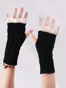 1pair Fabric Hollow Floral Lace Twist Fingerless Knitted Gloves For Women Valentine's Day Valentines