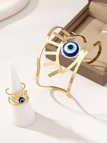 1 Set (1pc Geometric Hollow Devil's Eye Bracelet & 1pc Geometric Hollow Devil's Eye Ring) European & American Vintage Fashionable Gold-Tone Geometric Hollow Devil's Eye Bracelet And Geometric Hollow Devil's Eye Ring Jewelry Set, Suitable For Women's Daily Wear, Holidays, Social Events, Gifts For Couples, Halloween