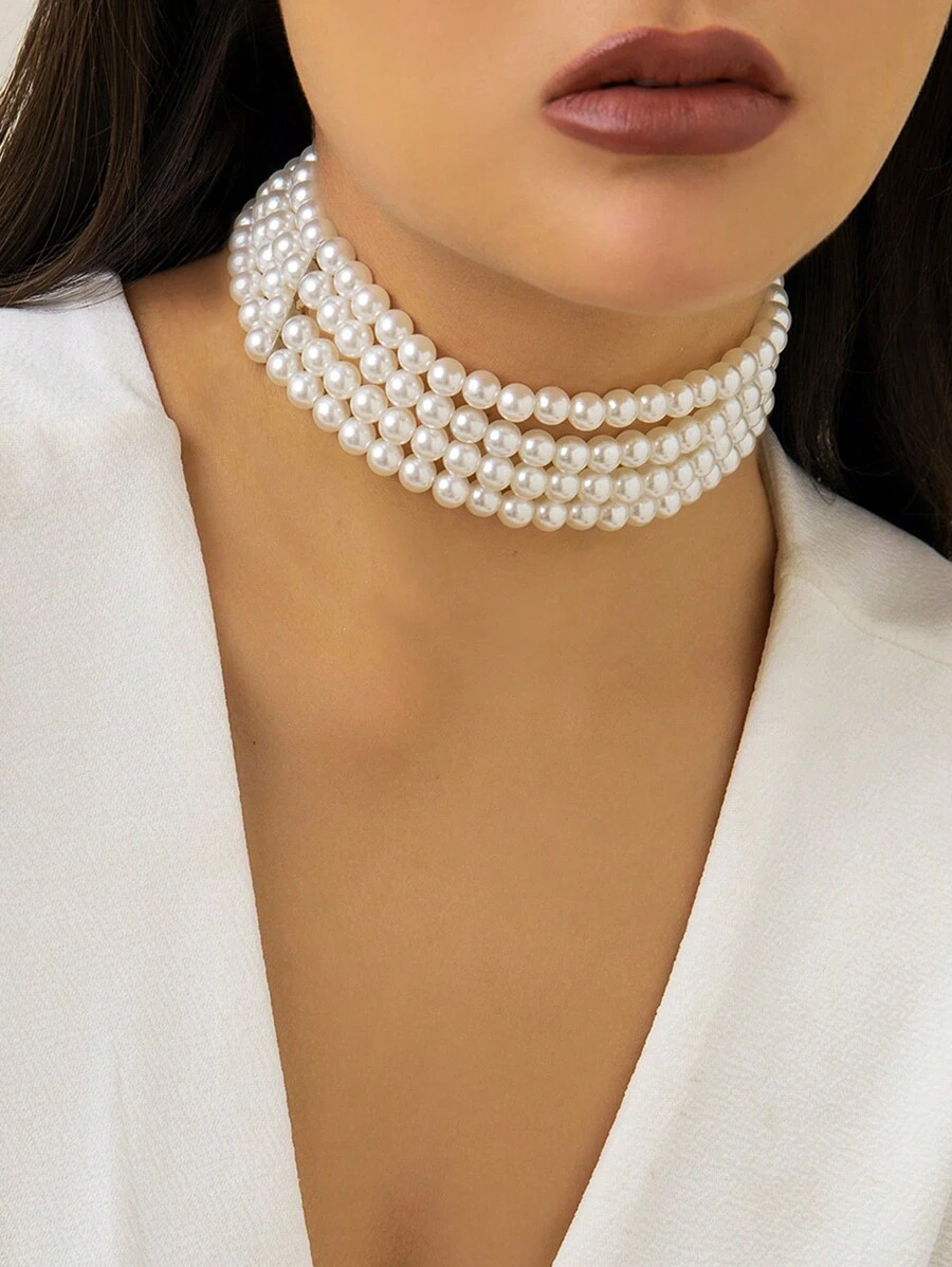 Handmade Multi-Layer Faux Pearl Choker Necklace For Women - White - View 1