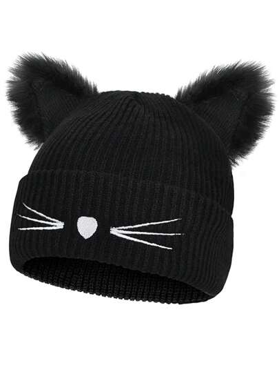 1 pezzo Berretto da donna a forma di gatto con orecchie, realizzato all'uncinetto, cappello a forma di gatto nero lavorato a maglia, berretto con orecchie di gatto alla moda Y2K, per adulti, taglia S
