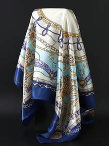 1pc 90*90cm Popular Anti-UV Headscarf Shawl, Muslim Unisex Outdoor Windproof Dust-Proof Hijab, Air-Conditioned Room Scarf, Thin Seasonal Chain Print Colored Square Bandana Scarves (Blue, Green) - A - View 4