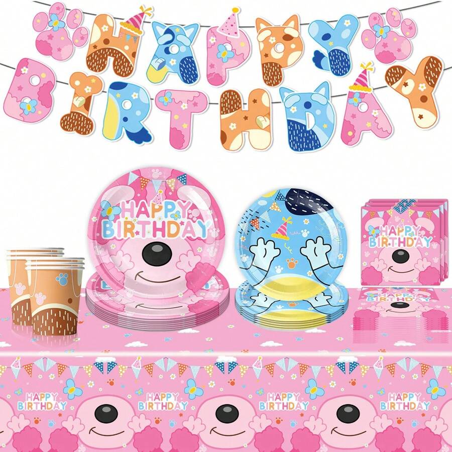 إكسسوارات وتزيينات لحفلة عيد ميلاد كلب أزرق وردي - أطباق ومناديل زرقاء وردية - أطباق ورقية زهرية لحفلات أعياد الميلاد. أنا هنا، مرحبا، أنا صاحب عيد الميلاد