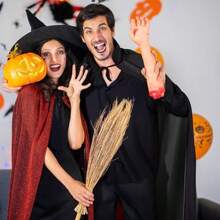 1 件万圣节服装吸血鬼斗篷、女巫黑色和红色连帽斗篷、成人死神黑色长袍连衣裙 - 黑色立領 - 查看 4