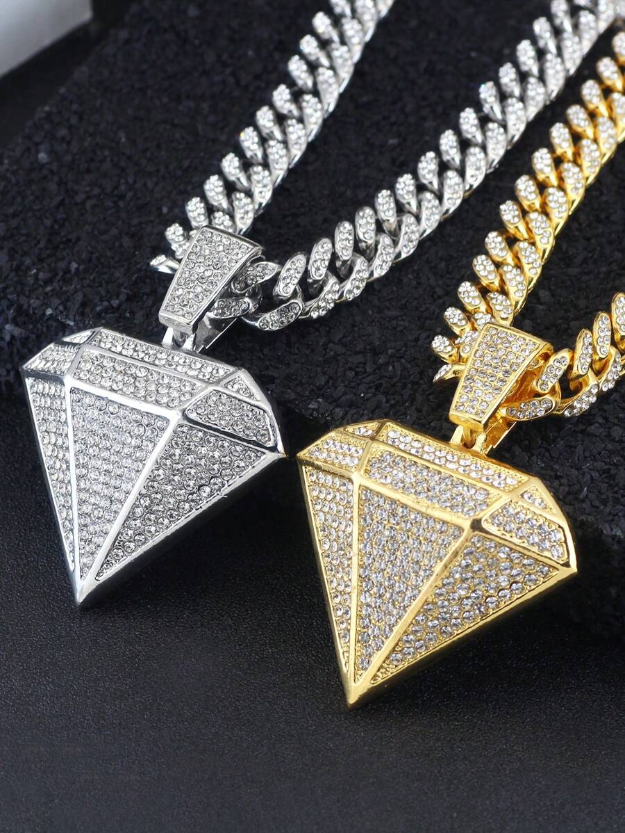 GuoShuang 1入組歐美嘻哈風格大3D三角形鑽石細節誇張嘻哈吊墜項鍊適合男士&女性 - 銀色 - 查看 1