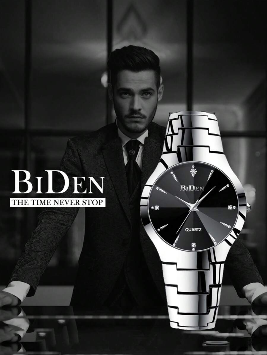 BIDEN 1pc Classic Quartz Waterproof Men's Watch, Perfect Gift For Men, Comes With Adjustable Link Tool And Gift Box - Silver - View 1