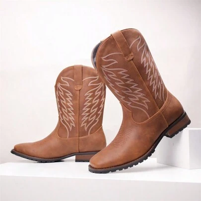 New Vintage Embroidered Western Cowboy Boots For Men, Casual Versatile Square Toe Chunky Heel Chelsea Riding Boots, Brown Leather Outdoor Farm Work Boots, Fashion Equestrian Boots