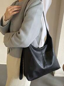 Túi Tote trơn Preppy dành cho nữ - Túi đeo vai đi làm bằng da PU có sức chứa lớn, có dây đeo vai có thể điều chỉnh, lớp lót bằng polyester - Phụ kiện thời trang đa năng cổ điển - màu đen - Xem 7