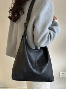Túi Tote trơn Preppy dành cho nữ - Túi đeo vai đi làm bằng da PU có sức chứa lớn, có dây đeo vai có thể điều chỉnh, lớp lót bằng polyester - Phụ kiện thời trang đa năng cổ điển - màu đen - Xem 1