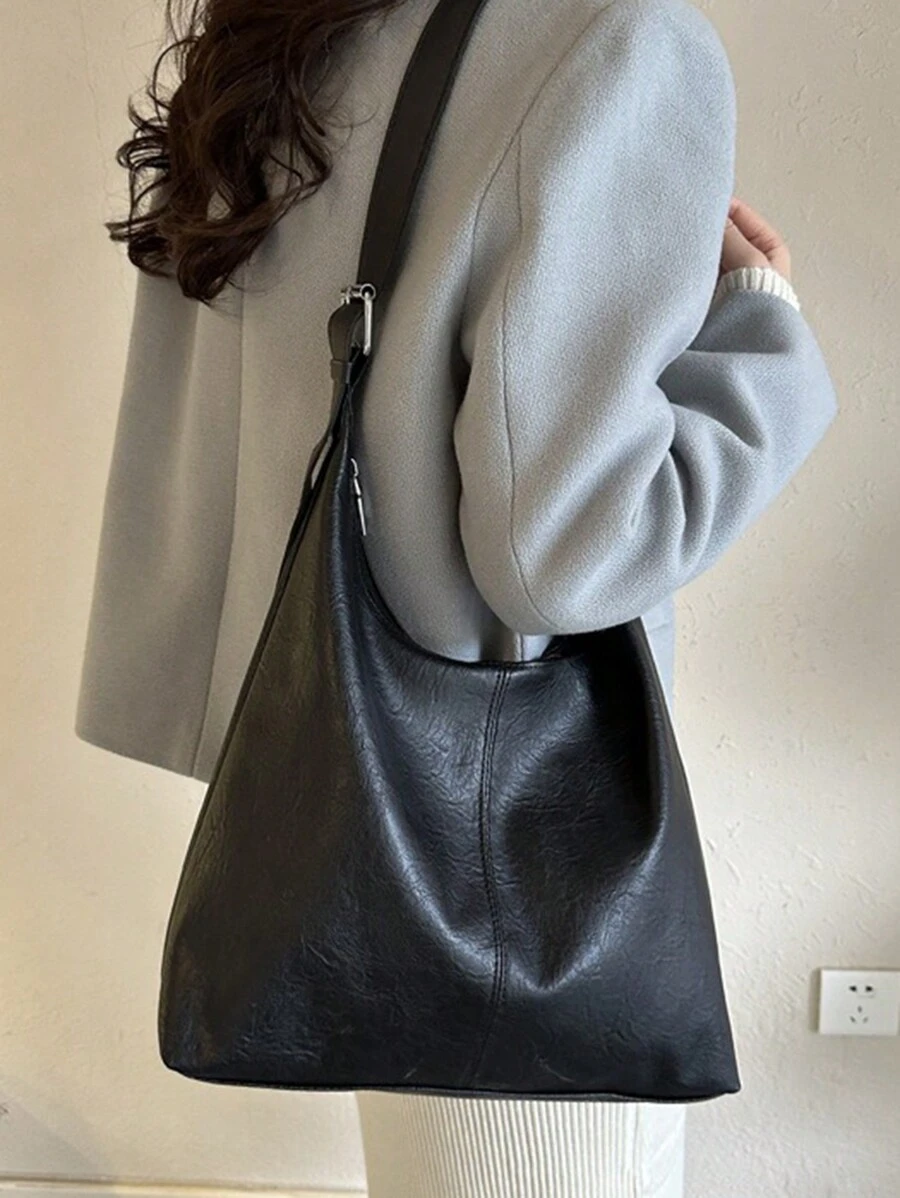 Túi Tote trơn Preppy dành cho nữ - Túi đeo vai đi làm bằng da PU có sức chứa lớn, có dây đeo vai có thể điều chỉnh, lớp lót bằng polyester - Phụ kiện thời trang đa năng cổ điển - màu đen - Xem 1