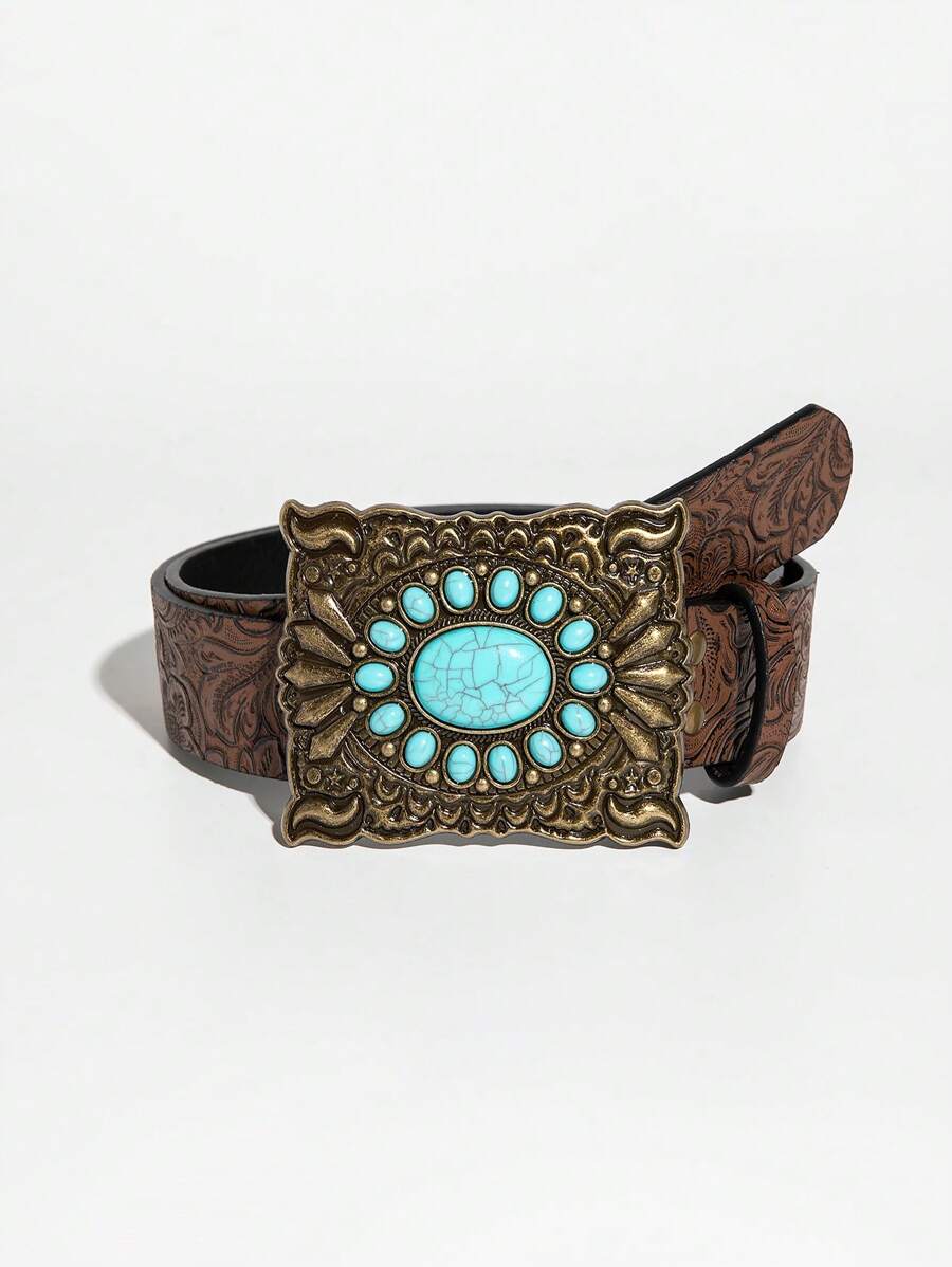 1pc Women's Fashionable Embossed Boho Style Rhinestone Embellished Belt Halloween Summer, School Fall, Autumn, Halloween - Brown - View 1