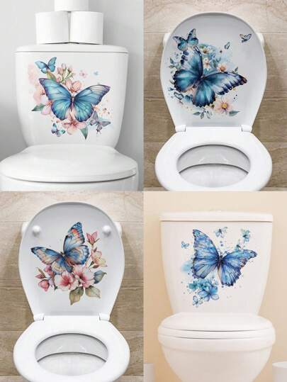 1pc Toilet Seat Sticker With Butterfly Flower Pattern Self-Adhesive Waterproof And Removable PVC Decorative Bathroom Toilet Seat Sticker,Stickers,Wall Decal, Vinyl Decal For Home Decorations,Spring Decoration Items Refresh Your Home,Rama Decoration Stickers Gifts Birthday Graduation