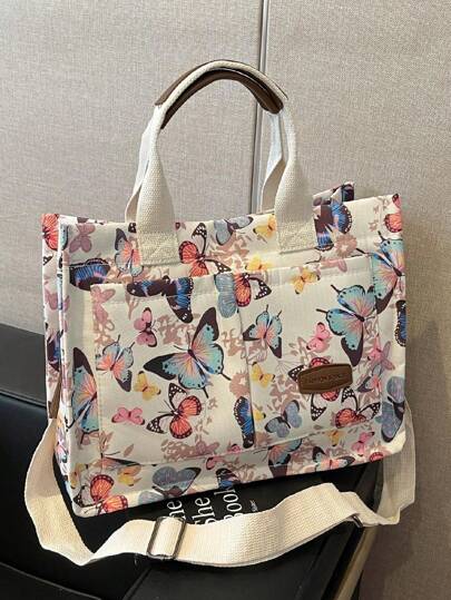 动物图案大容量多口袋帆布单肩托特包，通勤包休闲轻便手提包